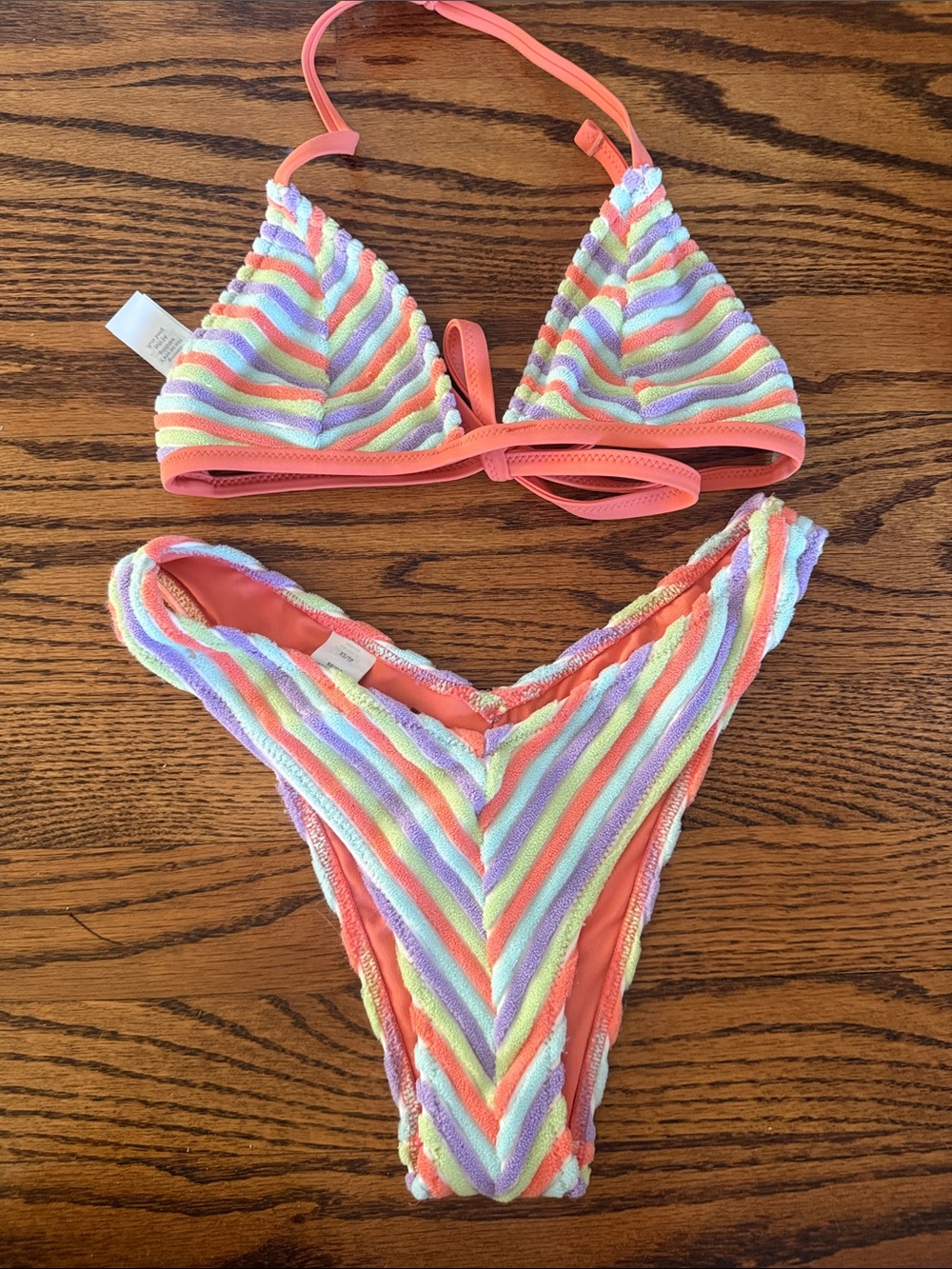 Striped Terry Cloth Triangle Bikini Set - Coral Trim top is small bottom is xs
